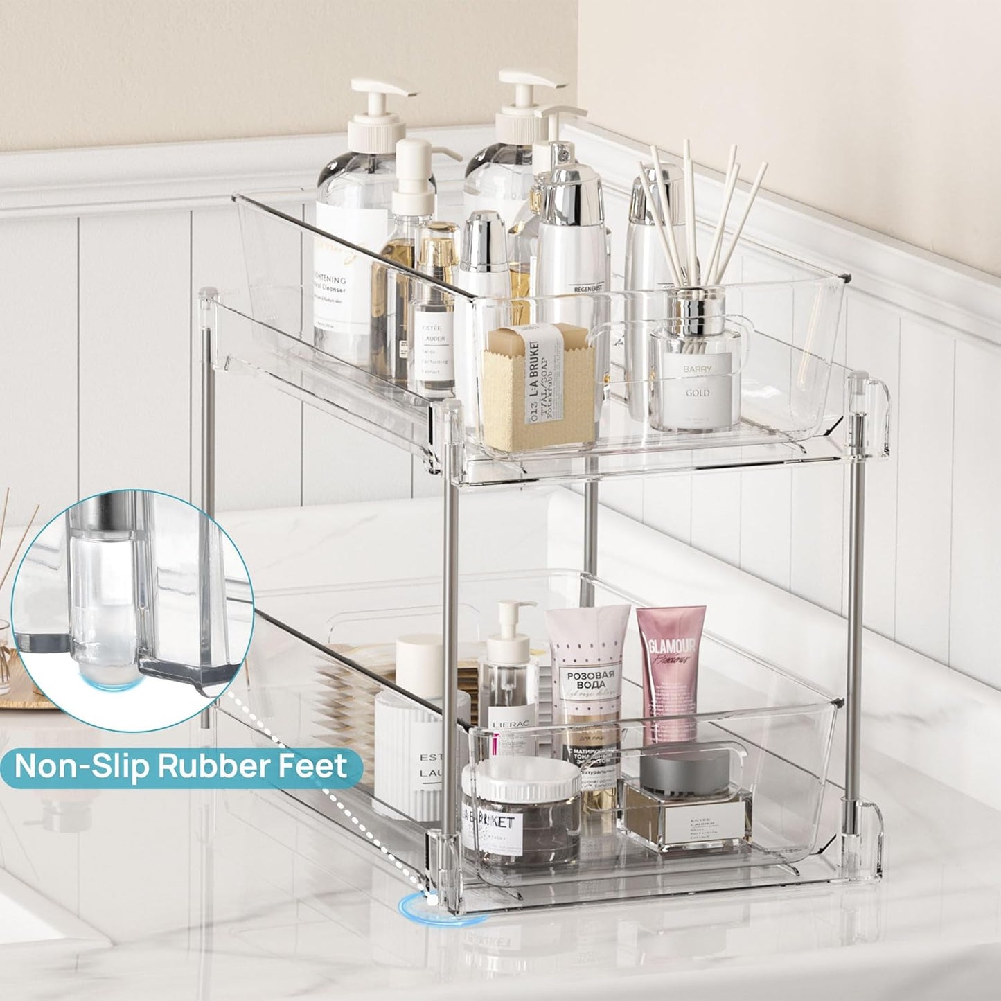 2-Tier Clear Bathroom Storage Organizer Set - Under-Sink and Vanity Counter Containers with Pull-Out Track System