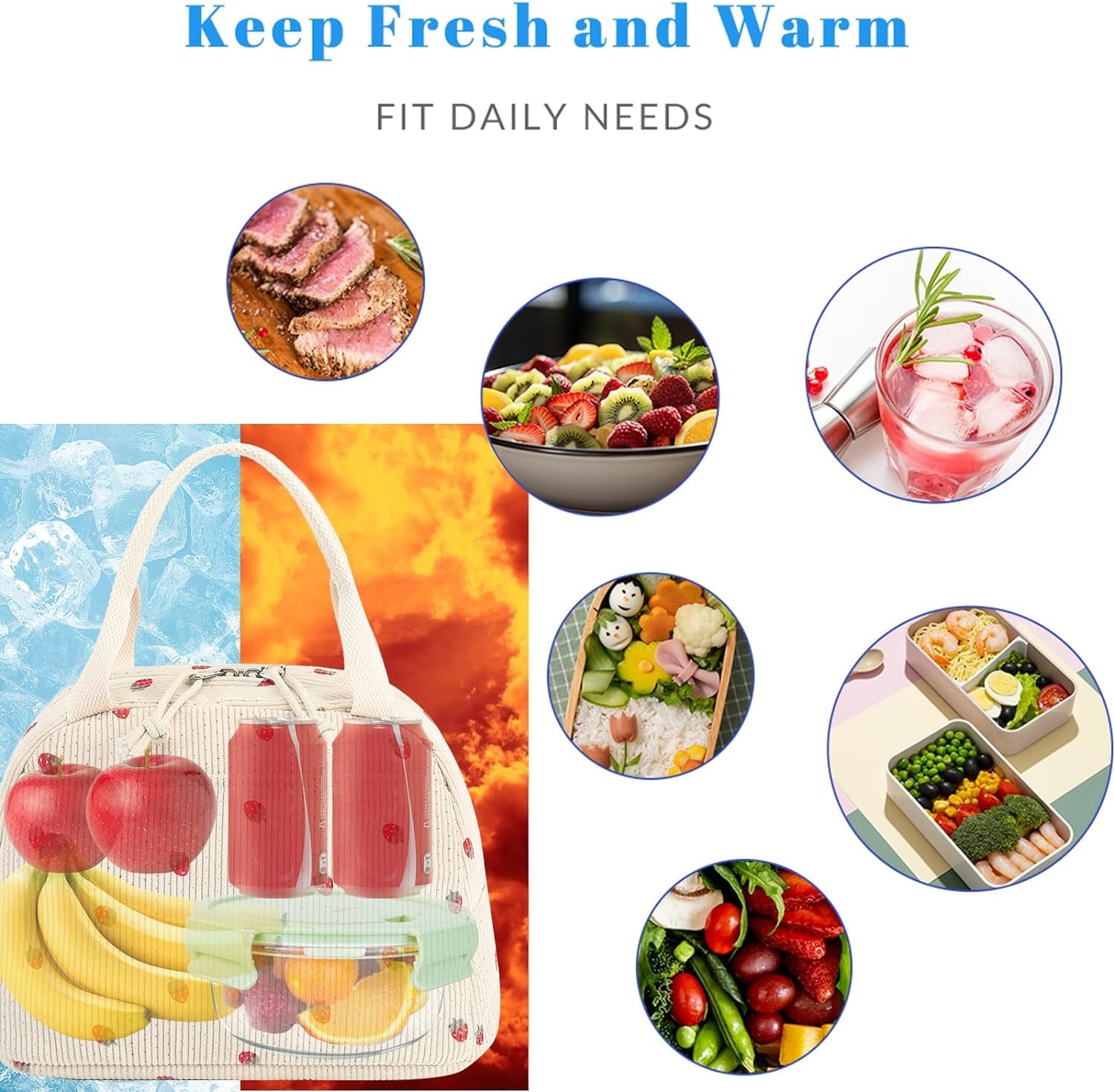 Corduroy Insulated Lunch Tote Bag for Men and Women - Reusable Large Capacity Cooler for Work, Picnics, and Travel (Strawberry Design)