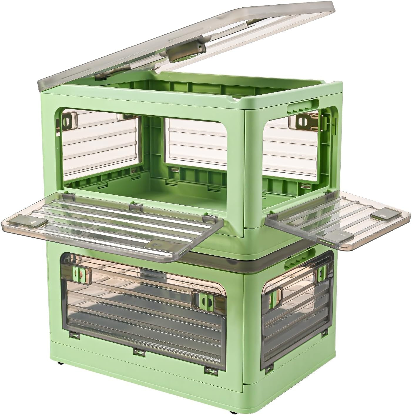  Set of 2 (Green) 32-Quart Collapsible Storage Bins with Wheels, Stackable Plastic Storage Boxes with Four Doors and Lids