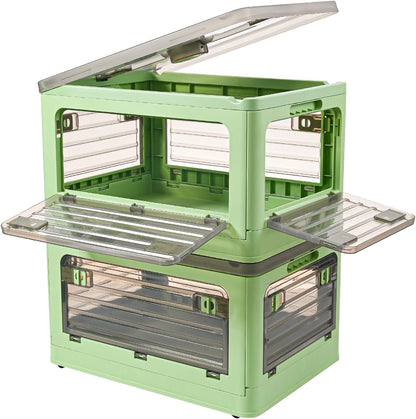  Set of 2 (Green) 32-Quart Collapsible Storage Bins with Wheels, Stackable Plastic Storage Boxes with Four Doors and Lids