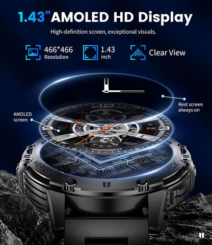 Smart Watch - Bluetooth Calling, 1.43" HD AMOLED Fitness Tracker, IP68 Waterproof, 100+ Sports Modes, 530mAh Battery, Heart Rate and Sleep Monitoring