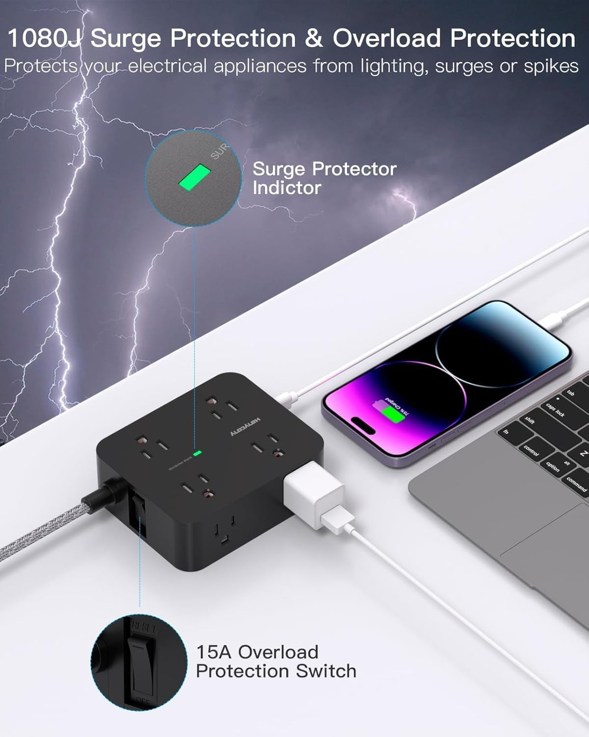 Surge Protector Power Strip -8 Outlets, 4 USB Charging Ports (2 USB-C), 3-Sided Outlet Extender, 5 Ft Braided Extension Cord, Flat Plug, Wall Mount, and Desk Charging Station