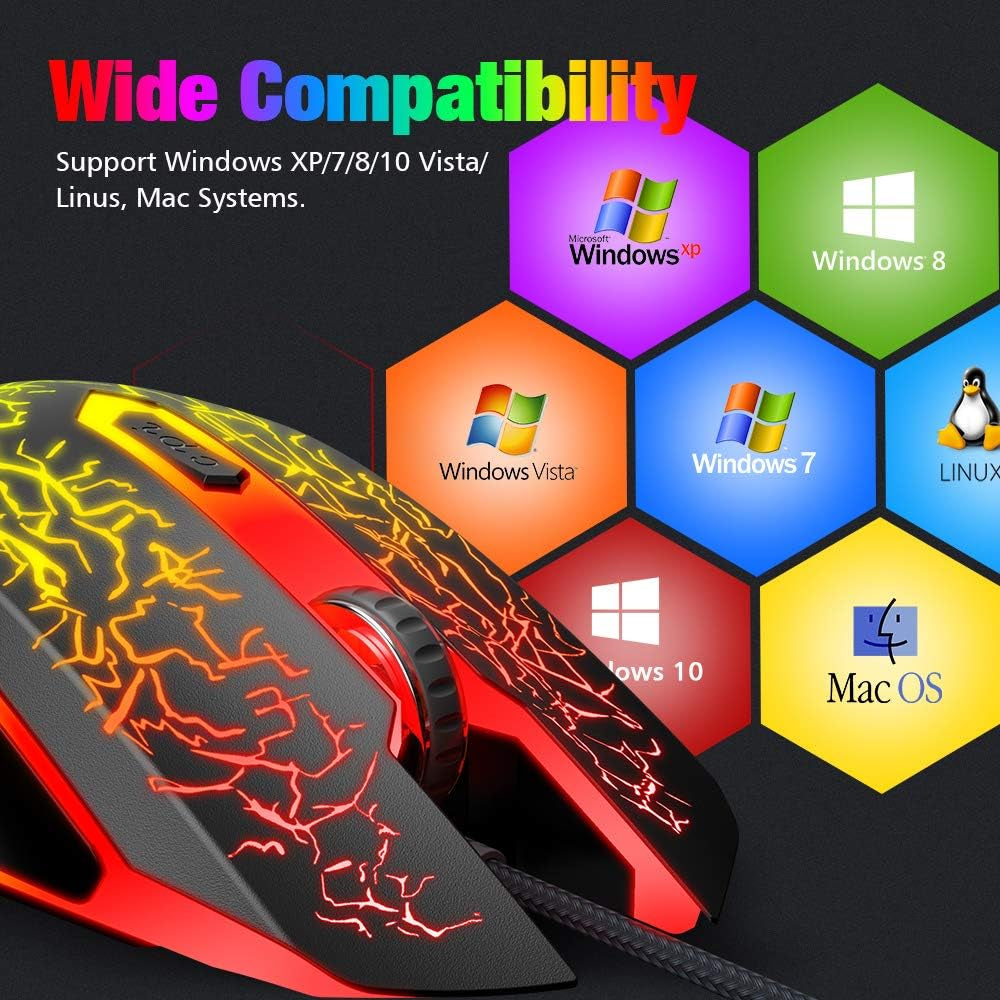 Gaming Mouse Ergonomic Wired Computer Mouse with 7 Colors LED Backlight, 4 DPI Settings up to 3600 DPI Compatible for Chromebook Windows 7/8/10/11 Xp/Mac/Linux Gamer/Notebook/Macbook