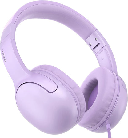 Foldable Wired Headphones for Kids with Tangle-Free Nylon Wire and 3.5mm Jack - Stereo On-Ear Headsets for Tablets, iPads, and Travel (Purple)