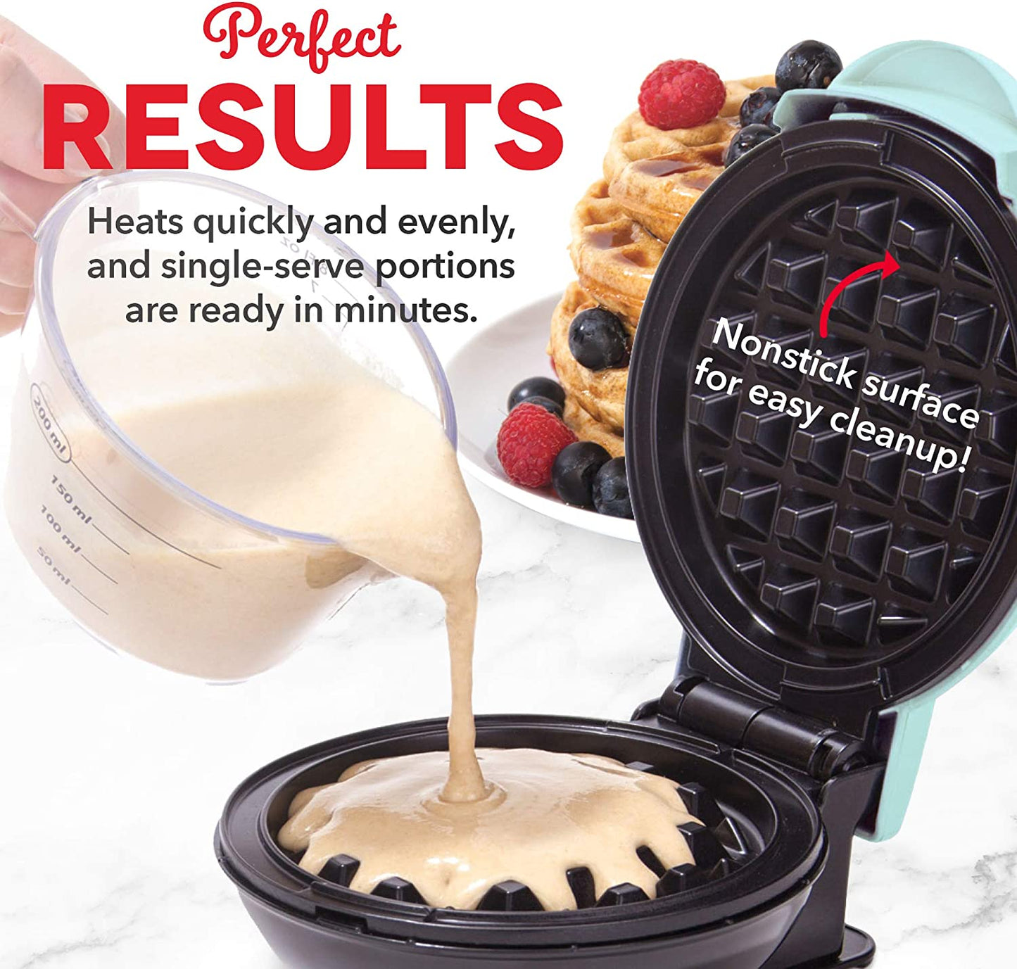 Mini Waffle Maker Machine - Compact 4" Appliance for Individual Waffles, Paninis, Hash Browns, and On-the-Go Meals in Aqua