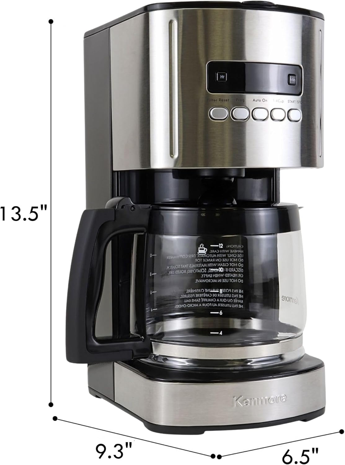 Kenmore Coffee Maker 12 Cup Drip Coffee Machine Reusable Filter Programmable Timer Digital Display Aroma Control Glass Carafe Charcoal Water Filter Regular Bold Stainless Steel and Black