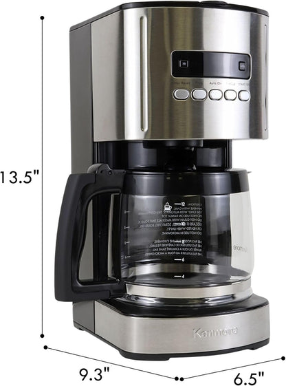 Kenmore Coffee Maker 12 Cup Drip Coffee Machine Reusable Filter Programmable Timer Digital Display Aroma Control Glass Carafe Charcoal Water Filter Regular Bold Stainless Steel and Black