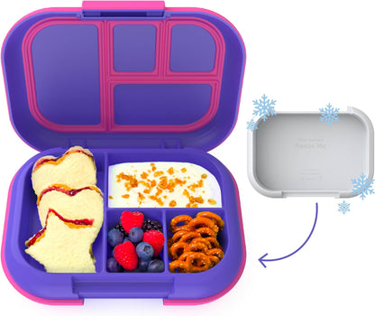 Children's Leak-Proof Lunch Box with Reusable Ice Pack - 4-Compartment Bento Container, Microwave & Dishwasher Safe, 2-Year Warranty (Gray)