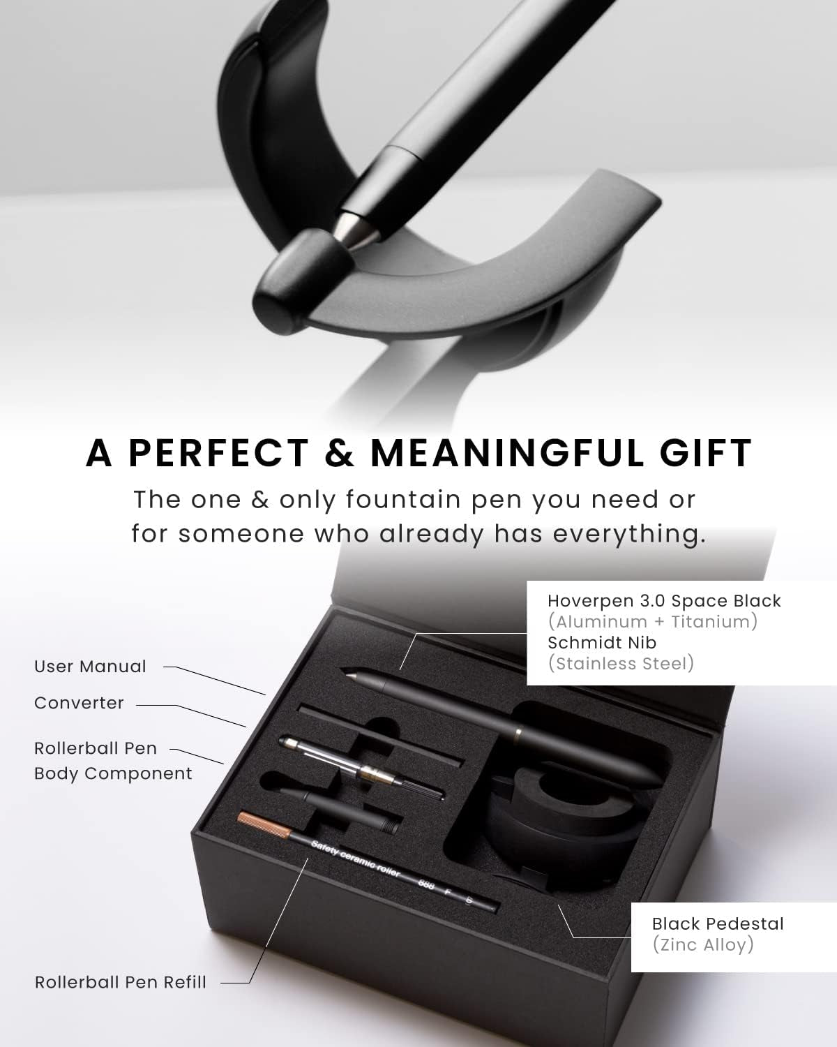 Hoverpen Future Edition - Luxury Fountain and Rollerball Pen Gift Set, Fine Nib, Futuristic Design, Metal Construction, Executive Spinning Pen, Ideal Gifts for Men (Deep Black)