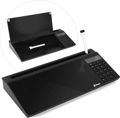 Dry Erase Glass Desk Whiteboard with Storage Caddy - Desktop Memo Notepad for Home Office and School (Gray)