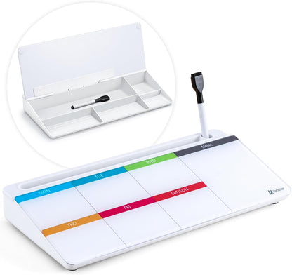 Dry Erase Glass Desk Whiteboard with Storage Caddy - Desktop Memo Notepad for Home Office and School (Gray)