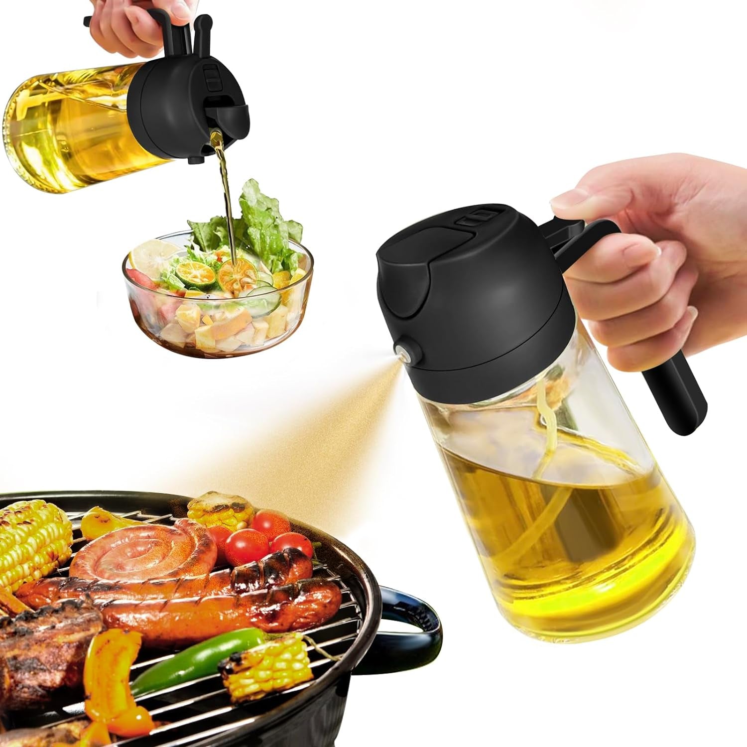 Olive Oil Dispenser and Sprayer - 16oz Glass Bottle with Pourer for Cooking, Salad, Frying, and BBQ (Black)