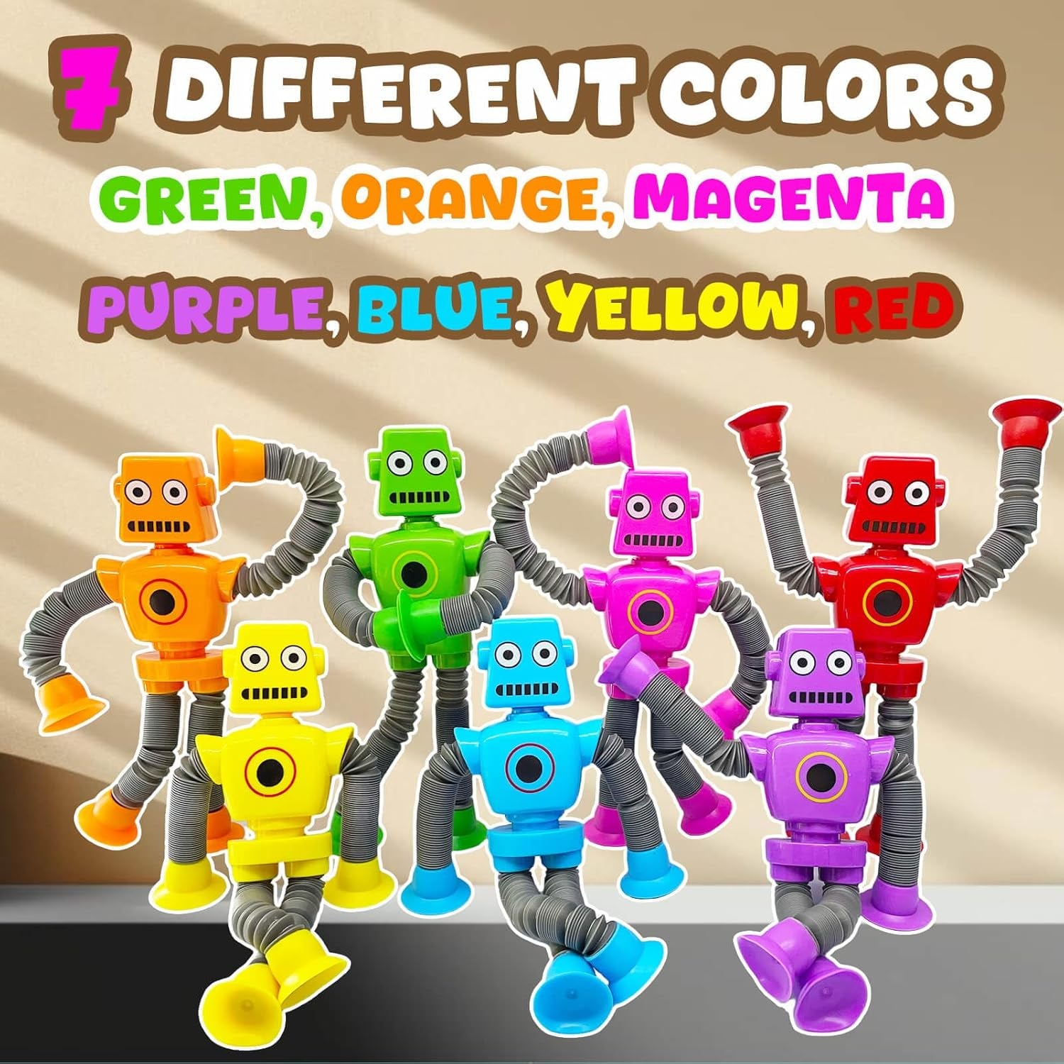 Pop Tubes Robot Fidget Toys 7 Pack of Colorful Telescopic Suction Cup Robotics-Ages 5+ Ideal Sensory Toys for Autism