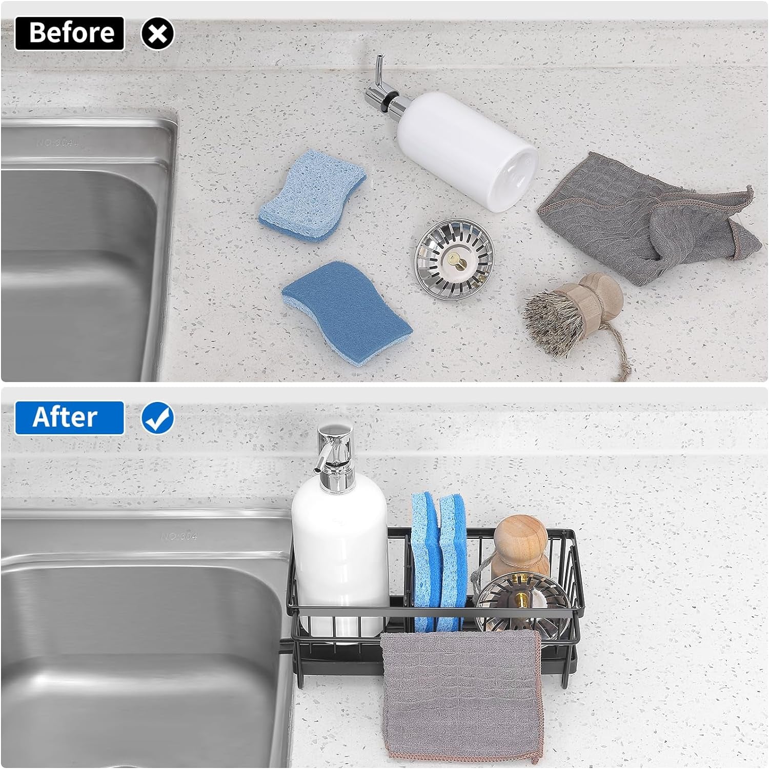 Kitchen Sink Organizer Sponge Holder with Dishrag and Dishcloth Rack, Rustproof 304 Stainless Steel with Auto Draining Tray