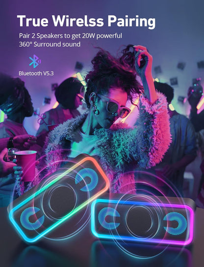 Portable Bluetooth Speaker - IPX5 Waterproof with RGB Lighting, 18-Hour Playtime, and Hi-Fi Stereo Sound