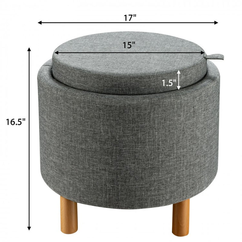 Round Fabric Storage Ottoman with Tray and Non-Slip Pads for Bedroom Organization