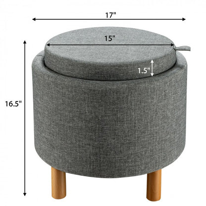 Round Fabric Storage Ottoman with Tray and Non-Slip Pads for Bedroom Organization