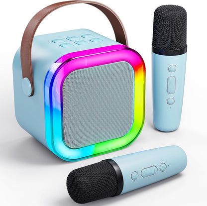 Mini Portable Karaoke Machine- Dual Wireless Microphones and LED Lights, for Ages 4+