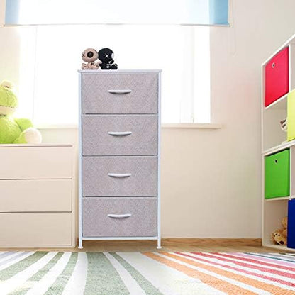 Tall Dresser for Bedroom - Fabric Dresser with 4 Storage Drawers and Wood Top for Closet, Living Room, Nursery Room, Office Storage and Dorm - Grey and White