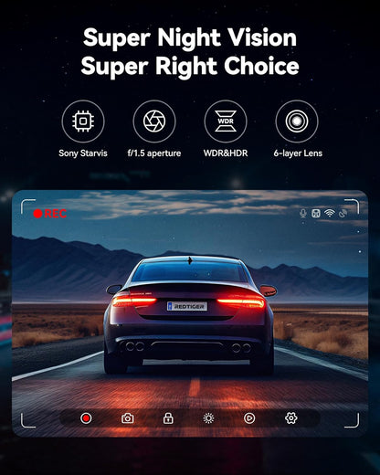 4K/2.5K Full HD Dual Dash Camera for Vehicles with 32GB Card, Built-In Wi-Fi and GPS, 3.18” IPS Display, Night Vision, 170° Wide Angle, WDR, and 24-Hour Parking Mode