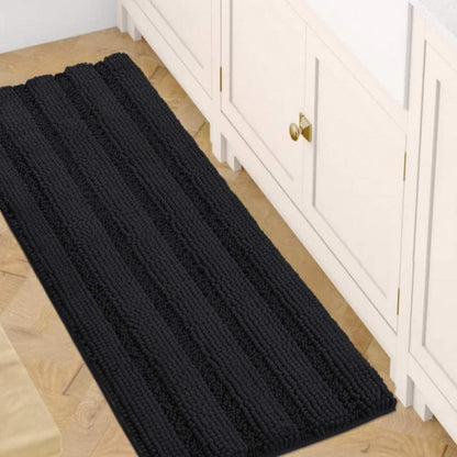 Set of 2 Striped Anti-Slip Bath Mats - Soft Plush Chenille Shaggy Floor Mats  - Water Absorbent (Grey, 32 x 20 & 24 x 17 Inches)