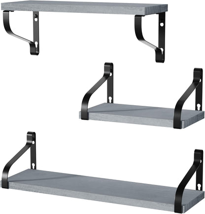 Set of 3 Rustic Wall-Mounted Floating Shelves in Weathered Grey Wood for Versatile Home Decor