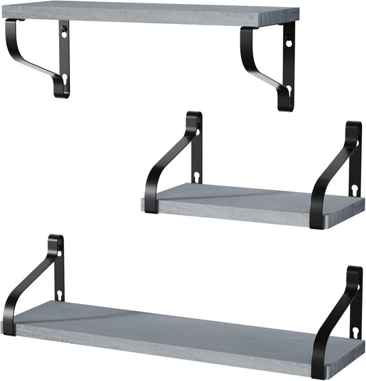 Set of 3 Rustic Wall-Mounted Floating Shelves in Weathered Grey Wood for Versatile Home Decor