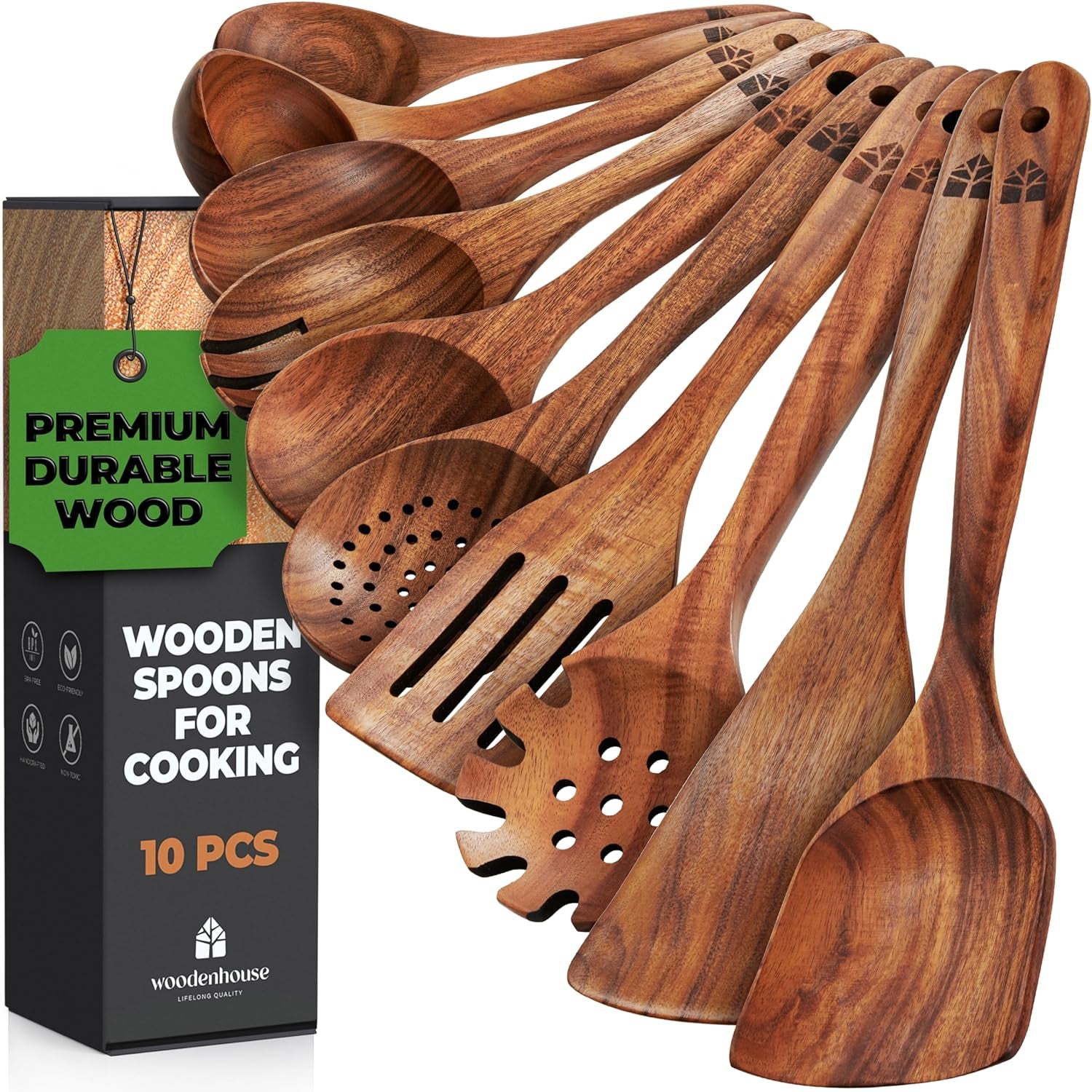 Professional Wooden Cooking Utensil Set - 10-Piece Teak Wood Kitchen Tools for Nonstick Cookware, Lightweight and Heat Resistant