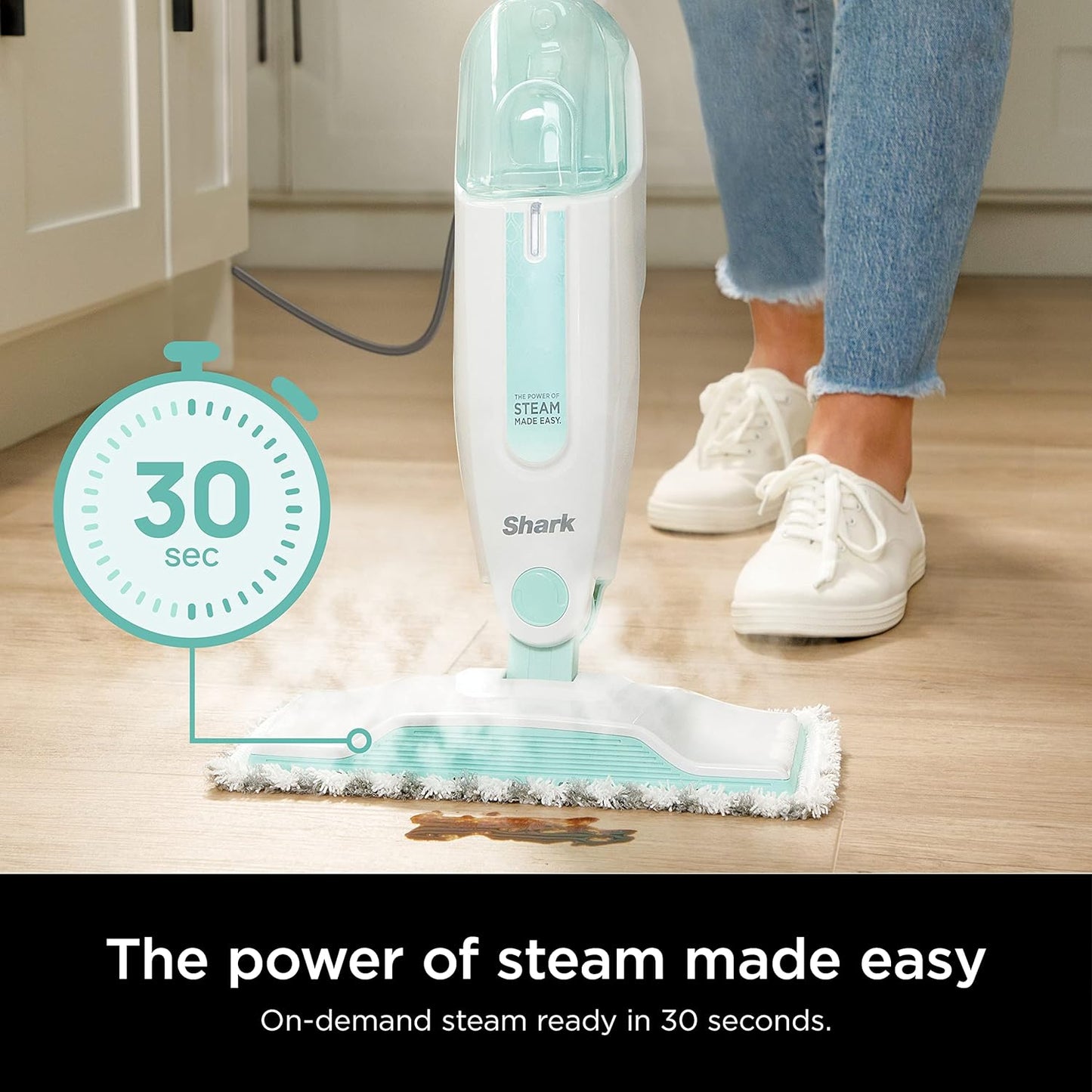 Lightweight Steam Mop with Two Machine Washable Dirt Grip Pads, Safe for All Sealed Hard Floors, Removable Water Tank, White/Seafoam