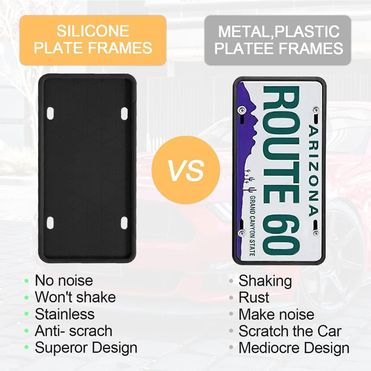 Universal Anti-Theft Silicone License Plate Frame Set, Rustproof Auto Accessories - Cars, SUVs, and Vehicles 