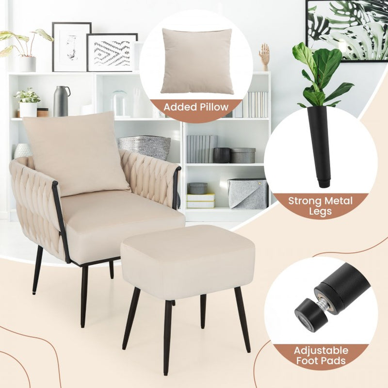 Contemporary Dutch Velvet Accent Chair and Ottoman Set with Woven Back and Armrests