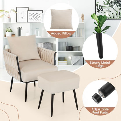 Contemporary Dutch Velvet Accent Chair and Ottoman Set with Woven Back and Armrests