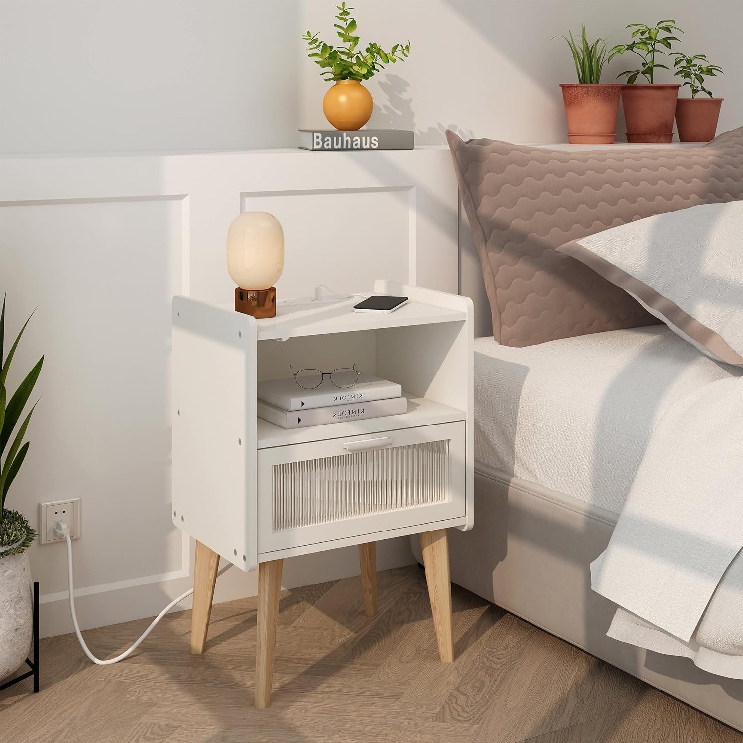 Elegant Nightstand with Integrated Charging Station, Glass-Fronted Decorative Door, and Dual-Tier Storage, White 