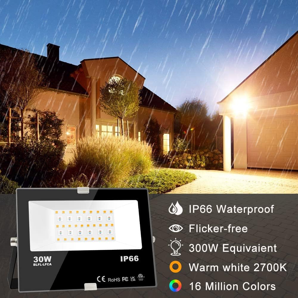 Smart RGB Color Changing LED Flood Light - 300W Equivalent, 2700K Warm White, APP Control, IP66 Waterproof, Pack of 2