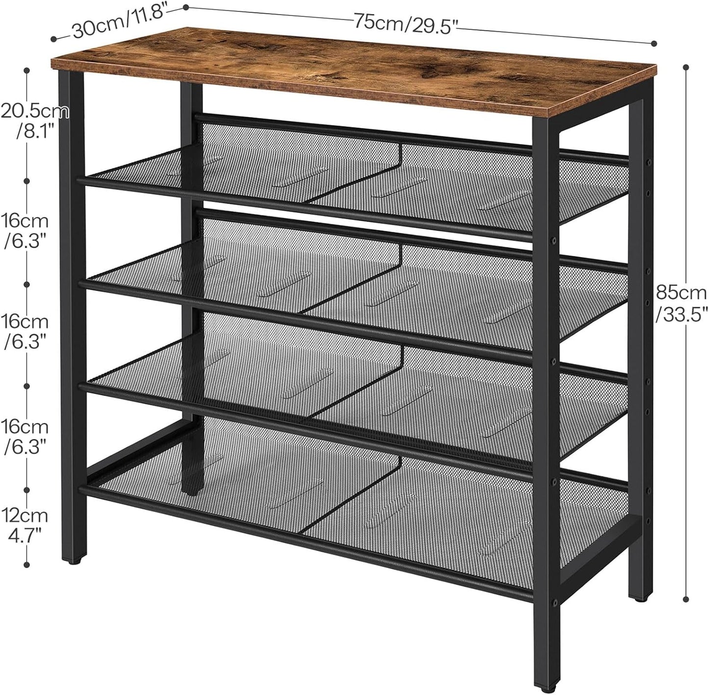 5-Tier Adjustable Shoe Rack - Durable and Stable Shoe Storage Unit for 16 Pairs -  Rustic Brown Finish