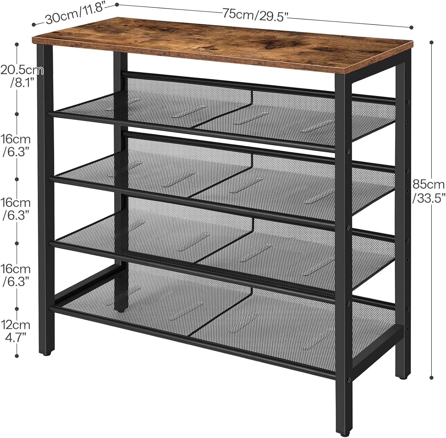 5-Tier Adjustable Shoe Rack - Durable and Stable Shoe Storage Unit for 16 Pairs -  Rustic Brown Finish