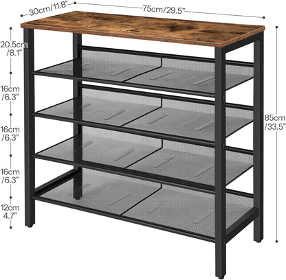 5-Tier Adjustable Shoe Rack - Durable and Stable Shoe Storage Unit for 16 Pairs -  Rustic Brown Finish