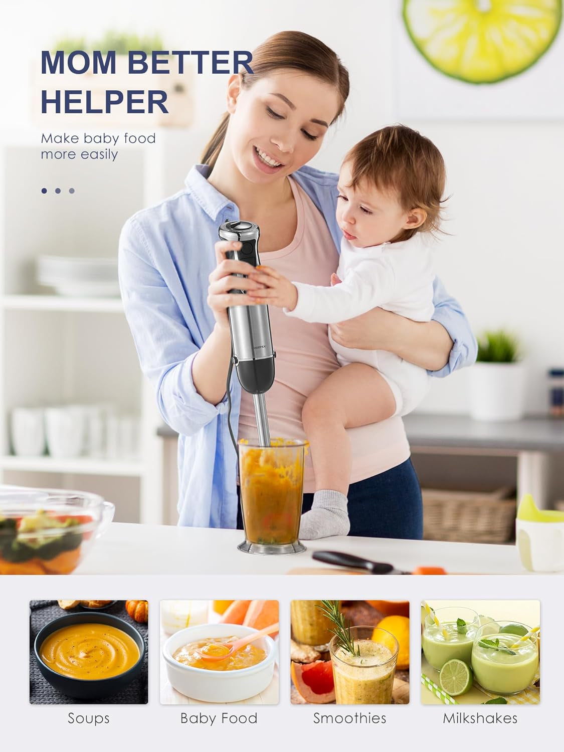 5-in-1 Handheld Immersion Blender, 1000W with Copper Motor and Stainless Steel Blade, Mixing Beaker, Food Processor, Whisk, Milk Frother(Black)