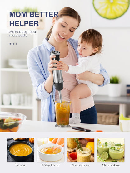 5-in-1 Handheld Immersion Blender, 1000W with Copper Motor and Stainless Steel Blade, Mixing Beaker, Food Processor, Whisk, Milk Frother(Black)