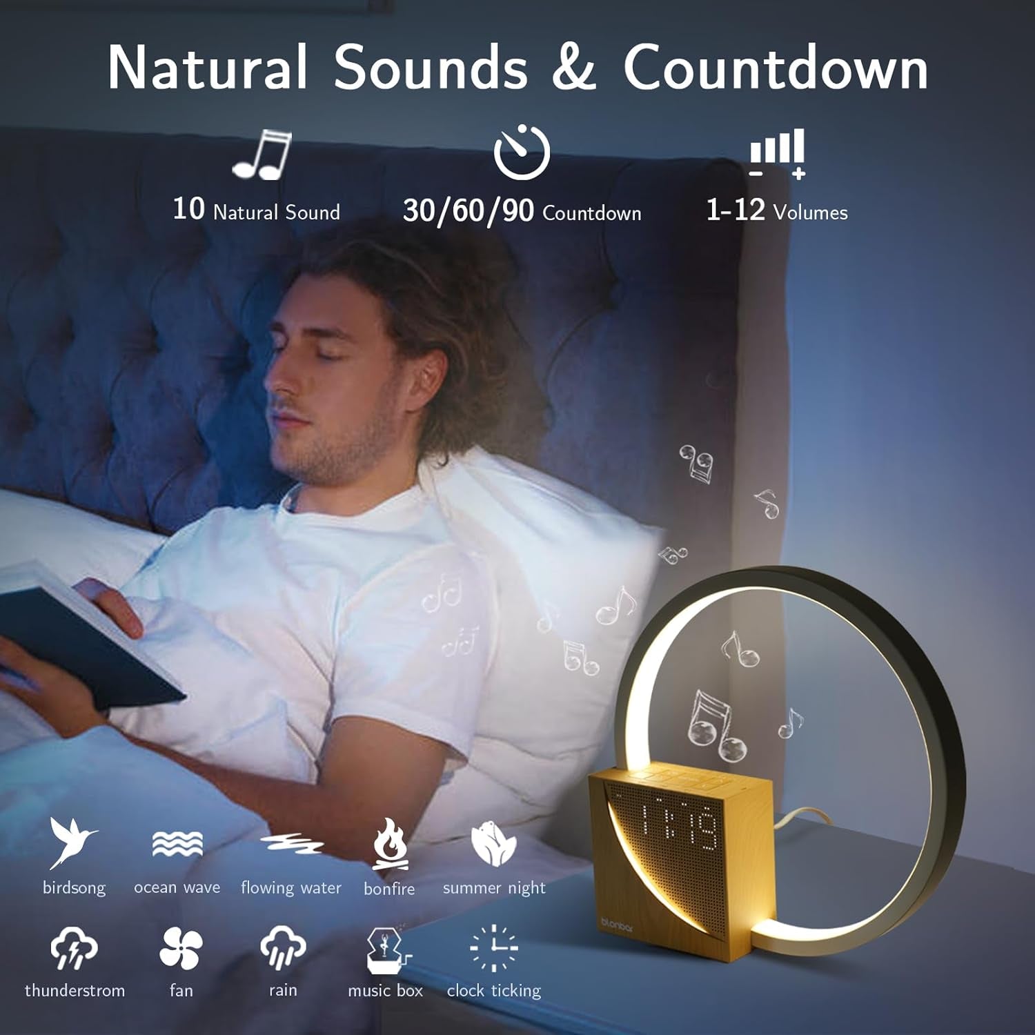 Sunrise Alarm Clock Bedside Lamp with Touch Control, 10 Natural Sounds, and Adjustable Brightness for Bedroom and Living Room