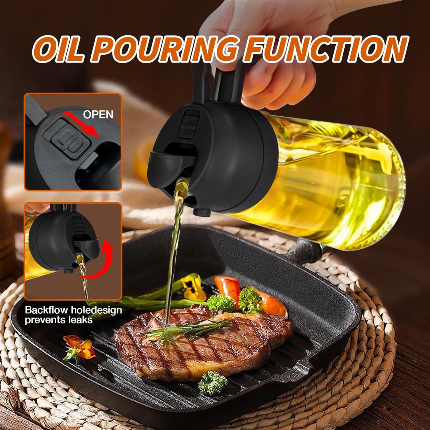Olive Oil Dispenser and Sprayer - 16oz Glass Bottle with Pourer for Cooking, Salad, Frying, and BBQ (Black)