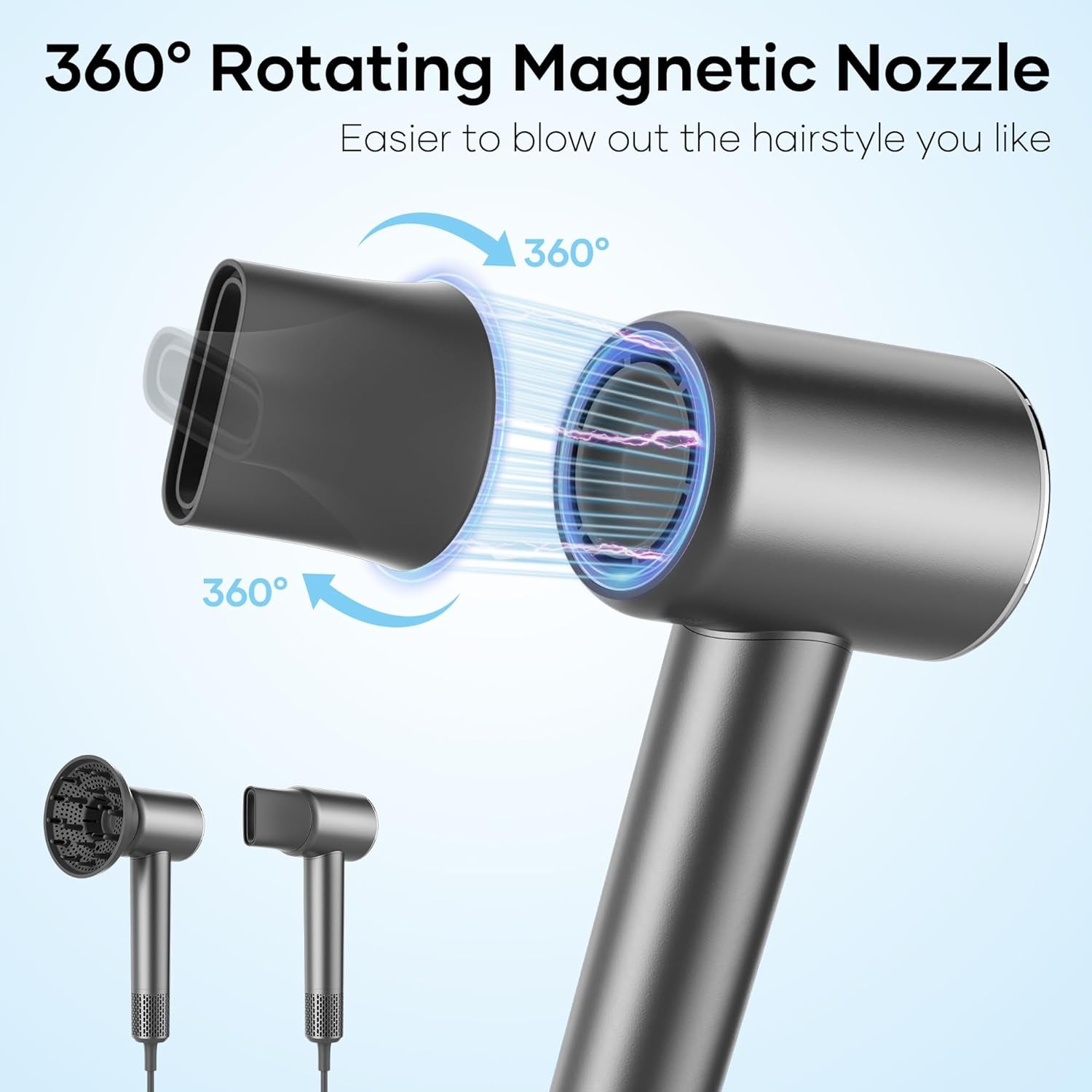 Hair Dryer with 110,000 RPM Brushless Motor, 1500W High-Speed Performance, Magnetic Nozzle & Diffuser - (Gray)