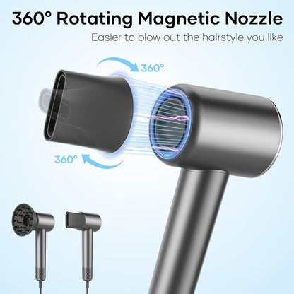 Hair Dryer with 110,000 RPM Brushless Motor, 1500W High-Speed Performance, Magnetic Nozzle & Diffuser - (Gray)