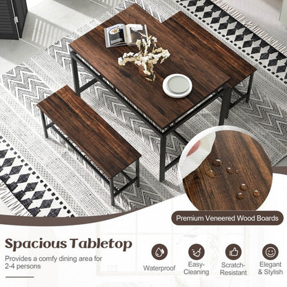 3-Piece Dining Table Set Featuring Wooden Kitchen Table and Two Benches