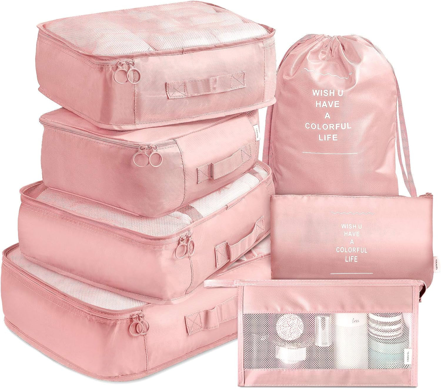 7-Piece Travel Packing Cube Set with Toiletry Bag in Pink
