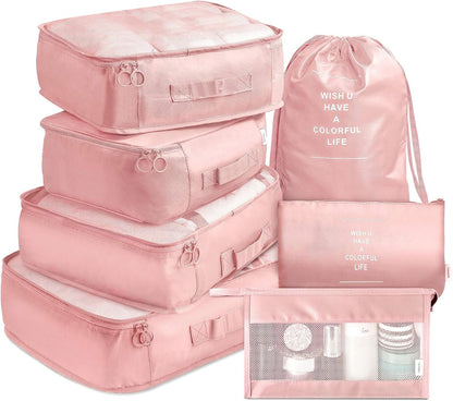 7-Piece Travel Packing Cube Set with Toiletry Bag in Pink