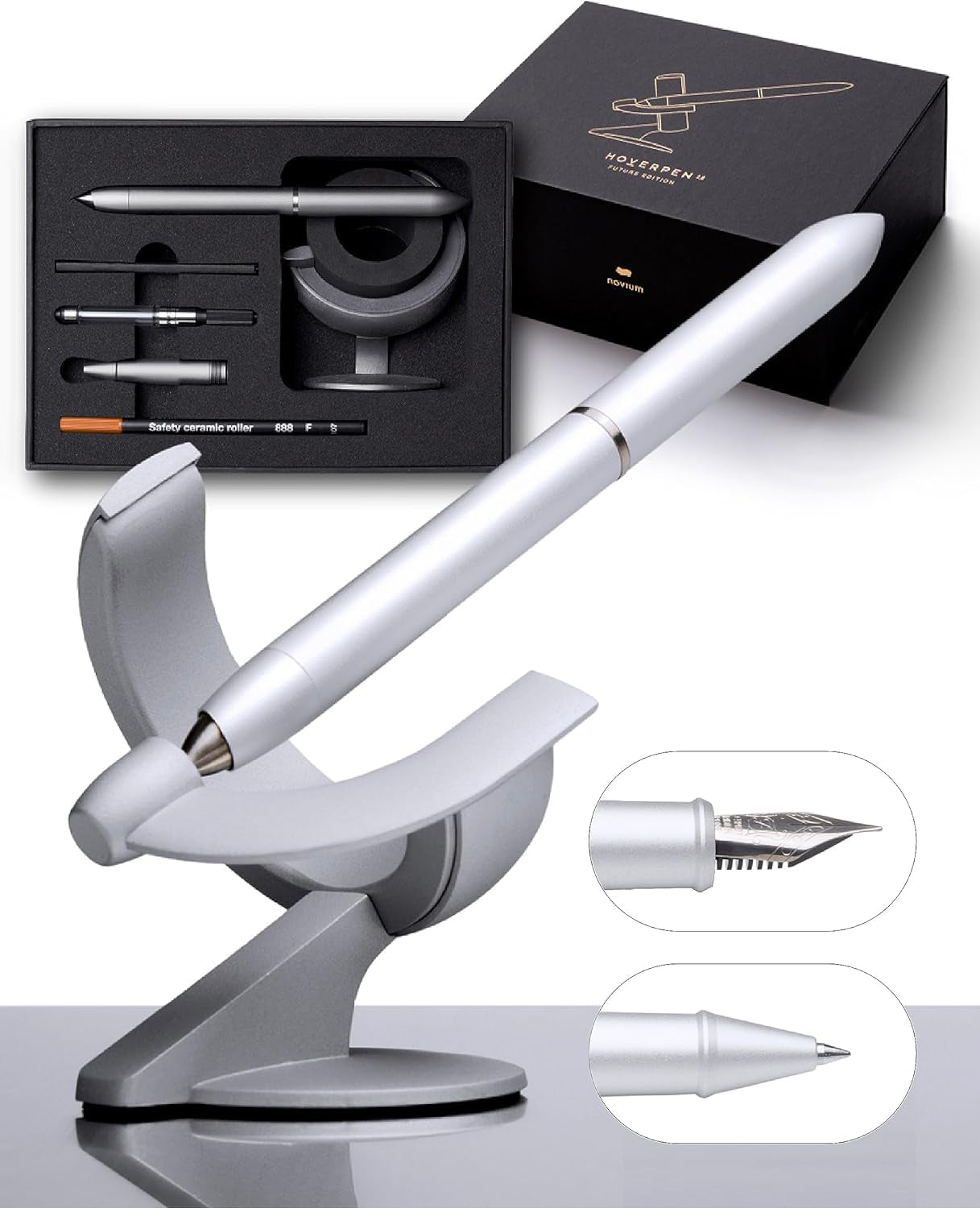 Hoverpen Future Edition - Luxury Fountain and Rollerball Pen Gift Set, Fine Nib, Futuristic Design, Metal Construction, Executive Spinning Pen, Ideal Gifts for Men (Deep Black)