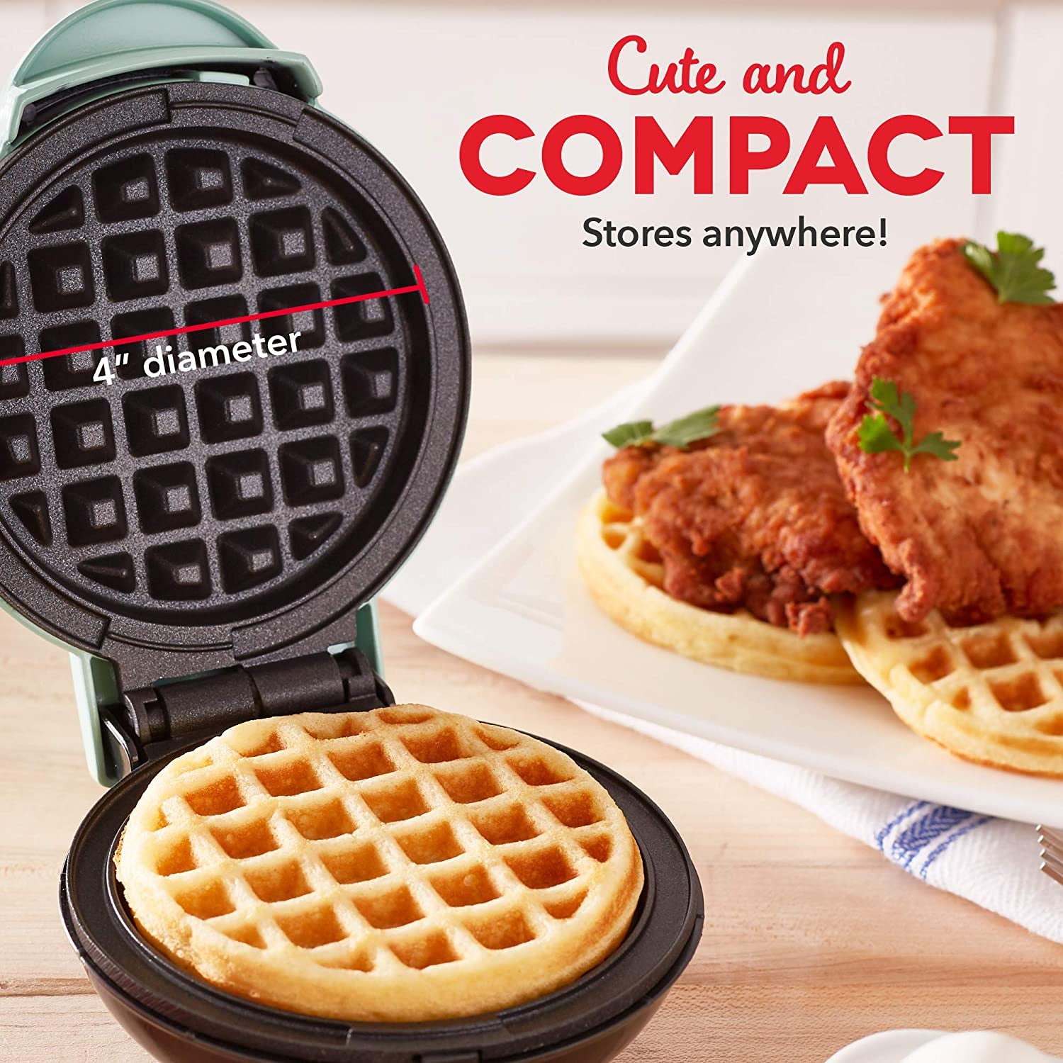 Mini Waffle Maker Machine - Compact 4" Appliance for Individual Waffles, Paninis, Hash Browns, and On-the-Go Meals in Aqua
