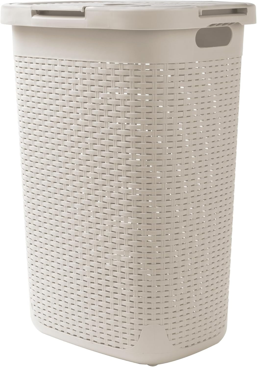 60L Slim Laundry Hamper - Lid, Wicker Design, Plastic Construction, Dimensions: 44.8L x 34.9W x 61.3H cm, Ivory