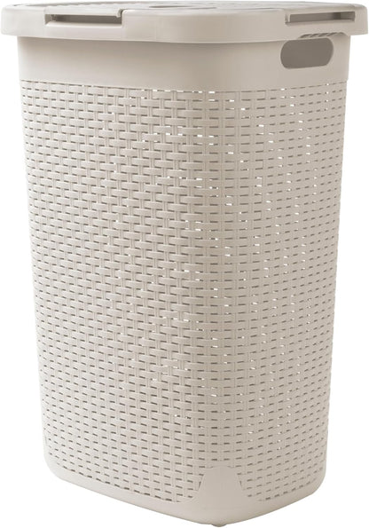 60L Slim Laundry Hamper - Lid, Wicker Design, Plastic Construction, Dimensions: 44.8L x 34.9W x 61.3H cm, Ivory